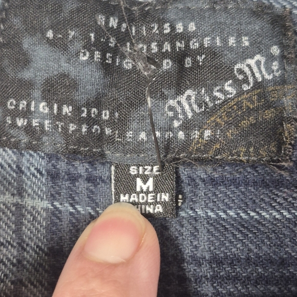 Miss Me Womens M Plaid Flannel Long Slv Button Up Shirt Blue Tunic Length Studed - Picture 3 of 7